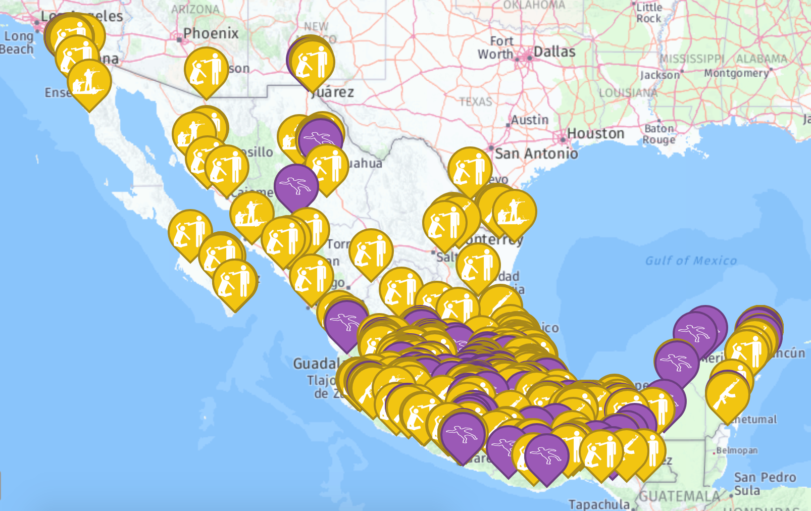Executions, murders, skirmishes, and shootings recorded in Mexico in 2018 (Only shows 800 of 1800 incidents since January 1st 2018. Additionally, each icon represents an incident and not a victim. Some icons involve an incident with multiple casualties).