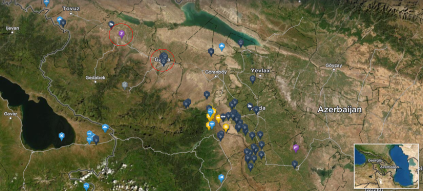 Locations of fighting health highlighted on a map of Nagorno-Karabakh