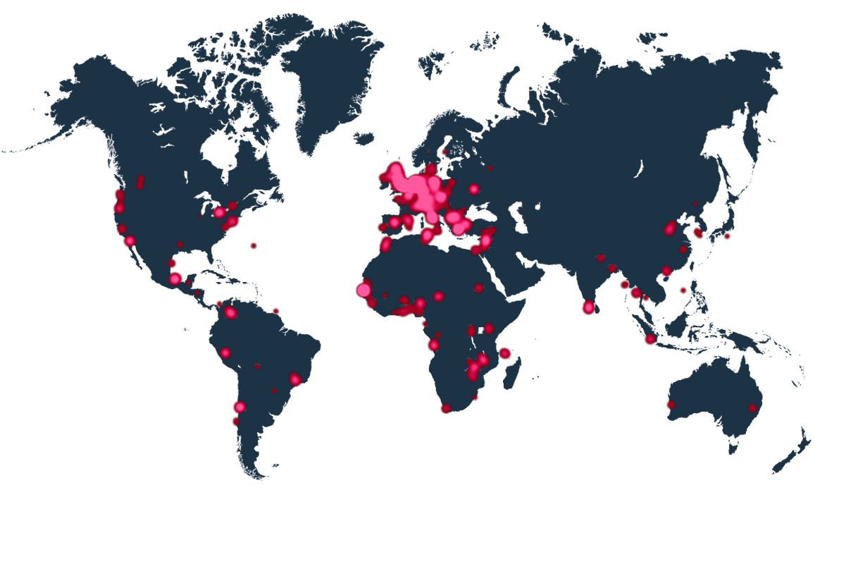 A map of the world with various heated areas showing alert density
