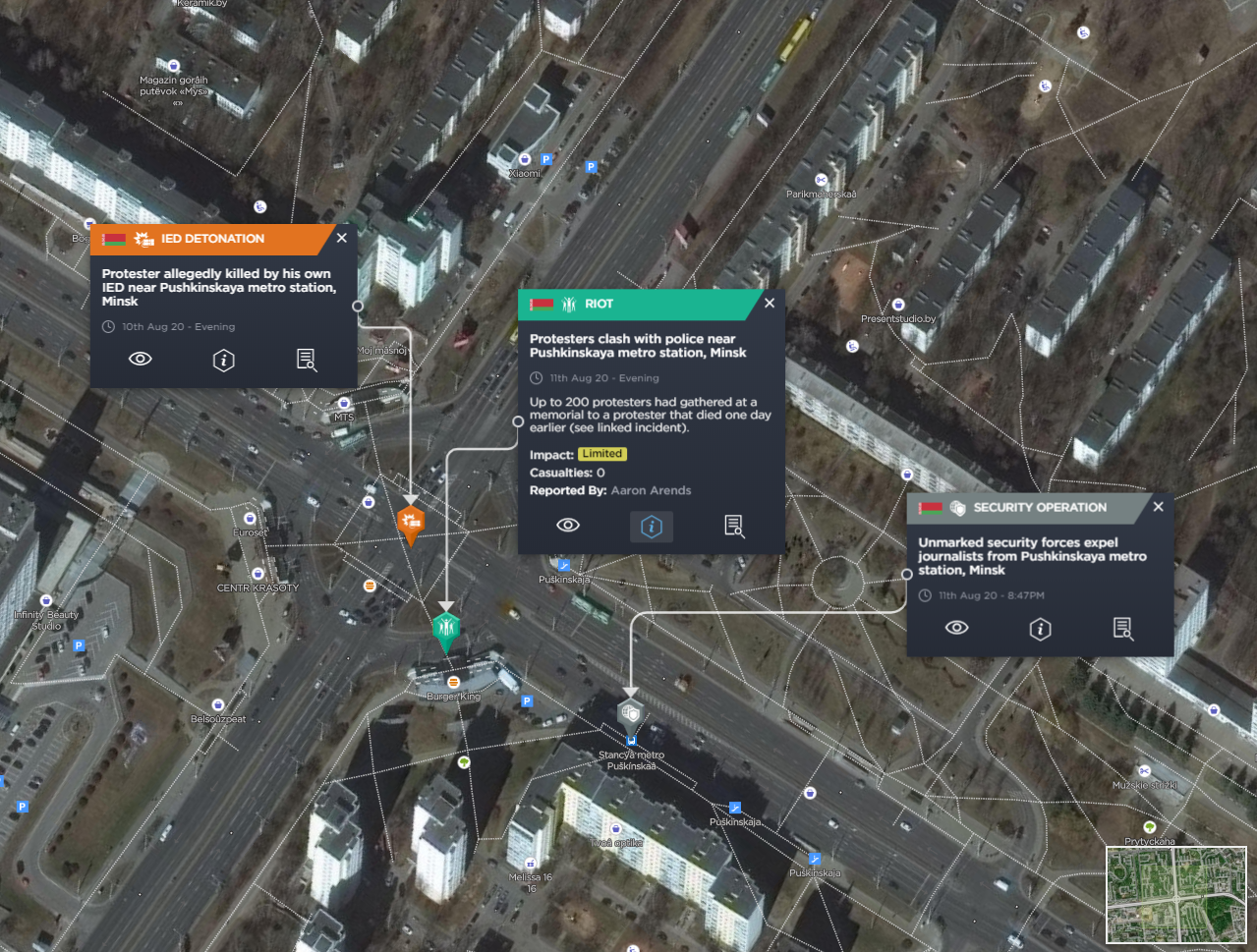 Recent incidents reported near Pushkinskaya metro station, Minsk.