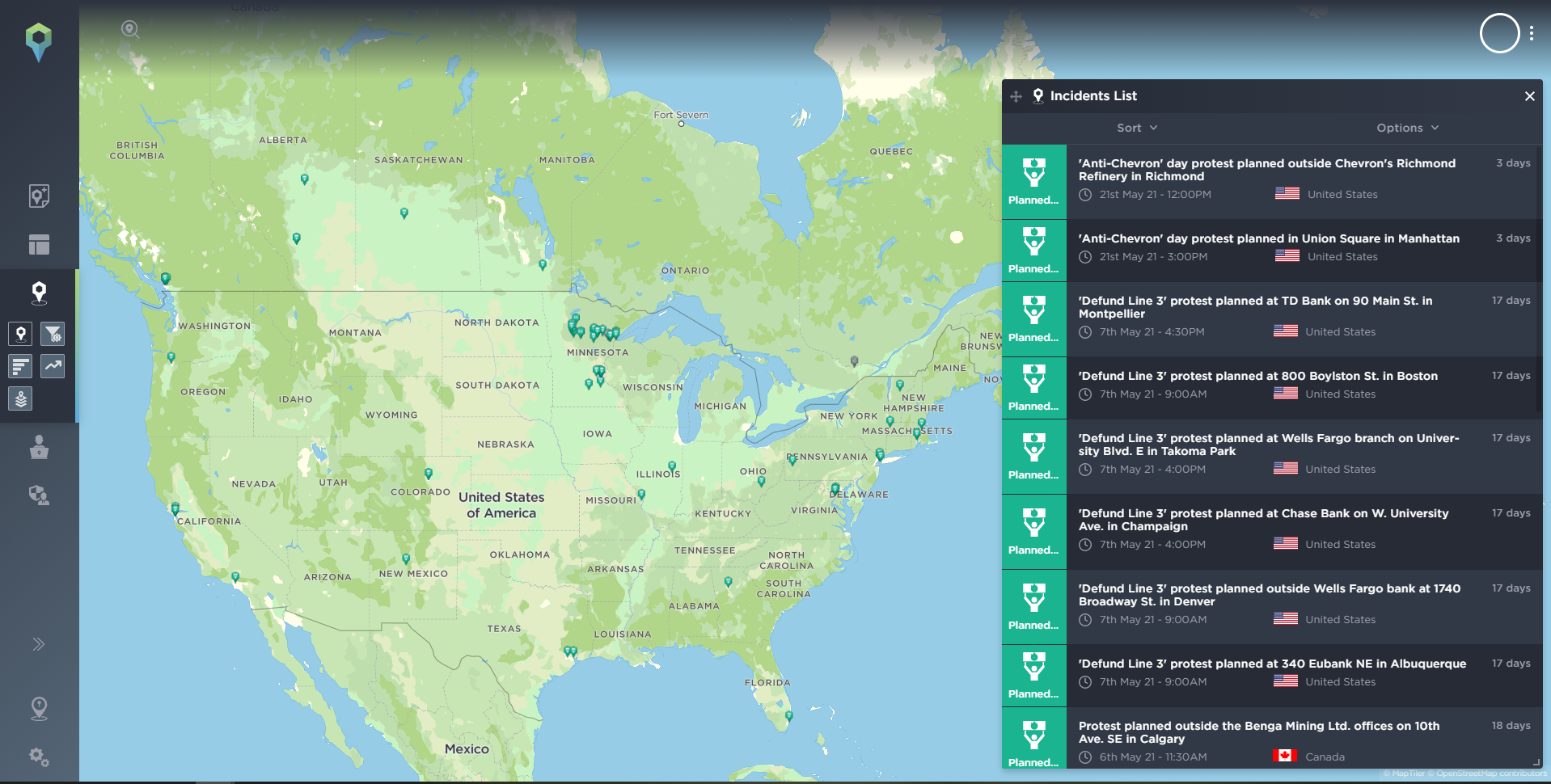 A map highlighting incidents associate with climate change activism and targeting the energy or mining industries in North America.