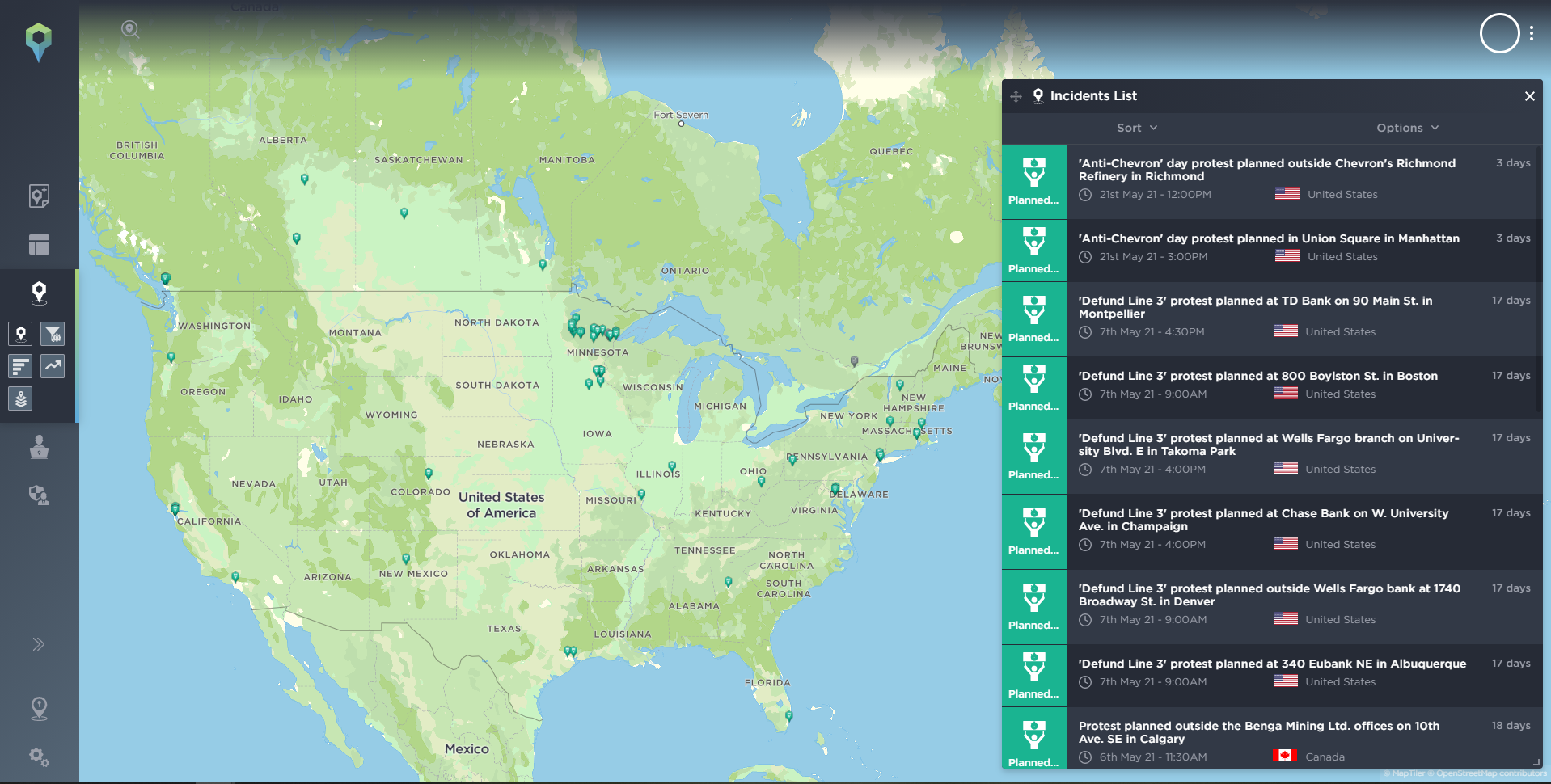 A map highlighting incidents associate with climate change activism and targeting the energy or mining industries in North America. 