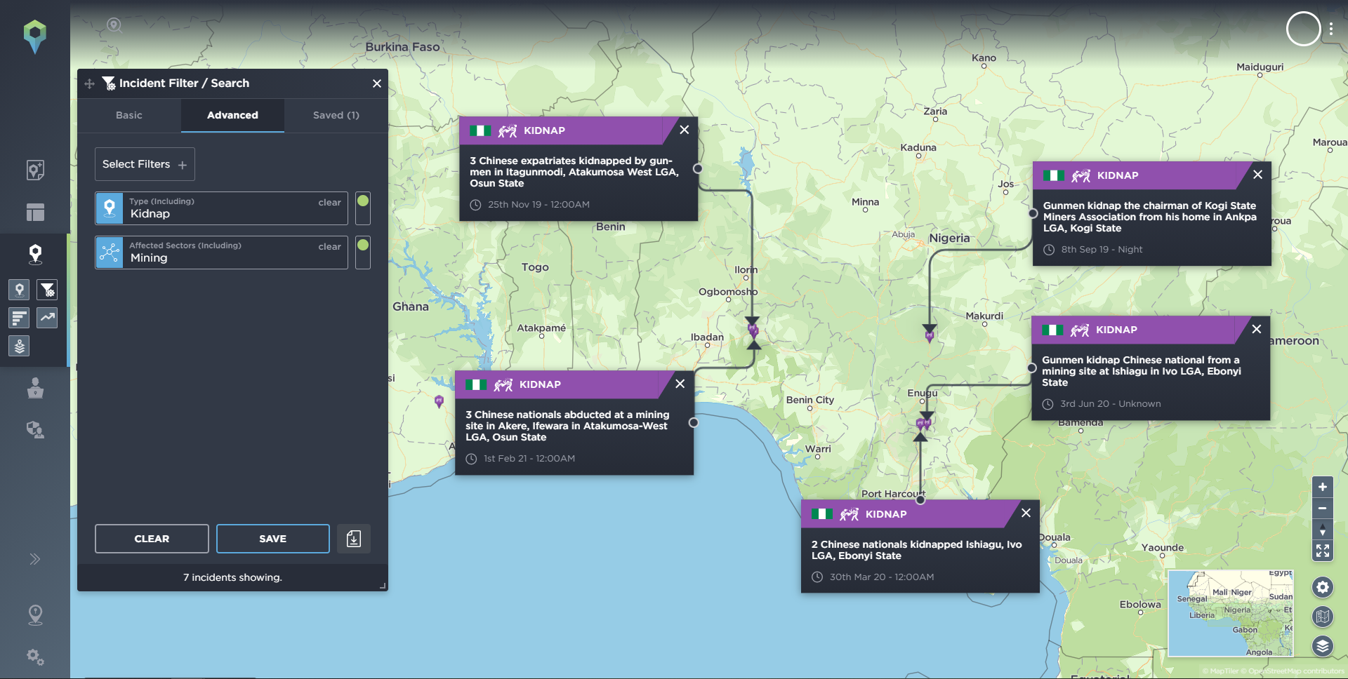 A map showing where incidents of kidnapping mine workers occurred in Nigeria 