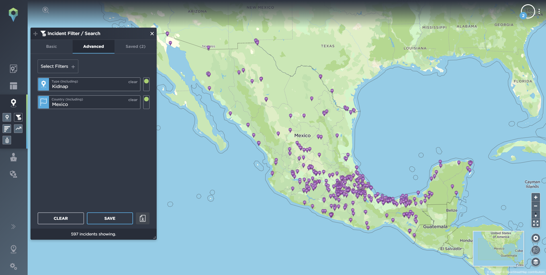 Incidents of kidnapping in Mexico highlighted on a map