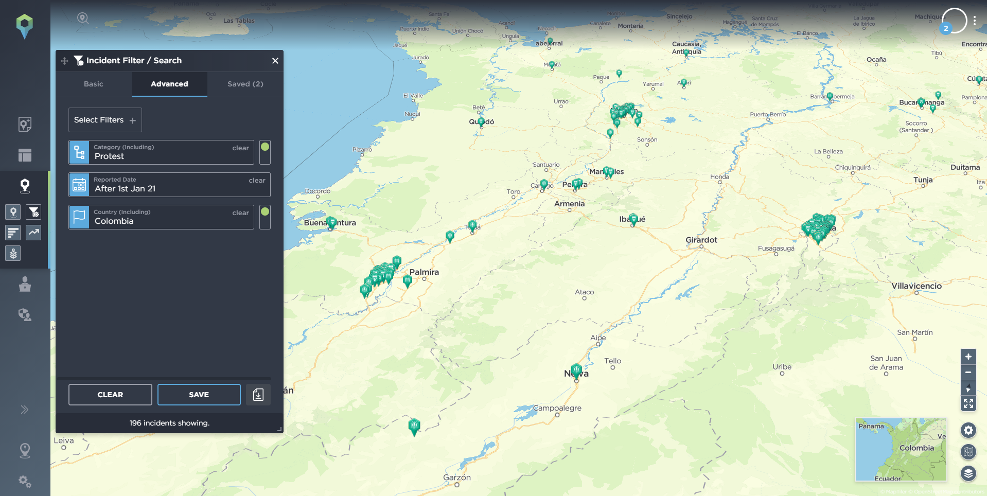 Map showing incidents of protest and unrest across Colombia since the beginning of 2021