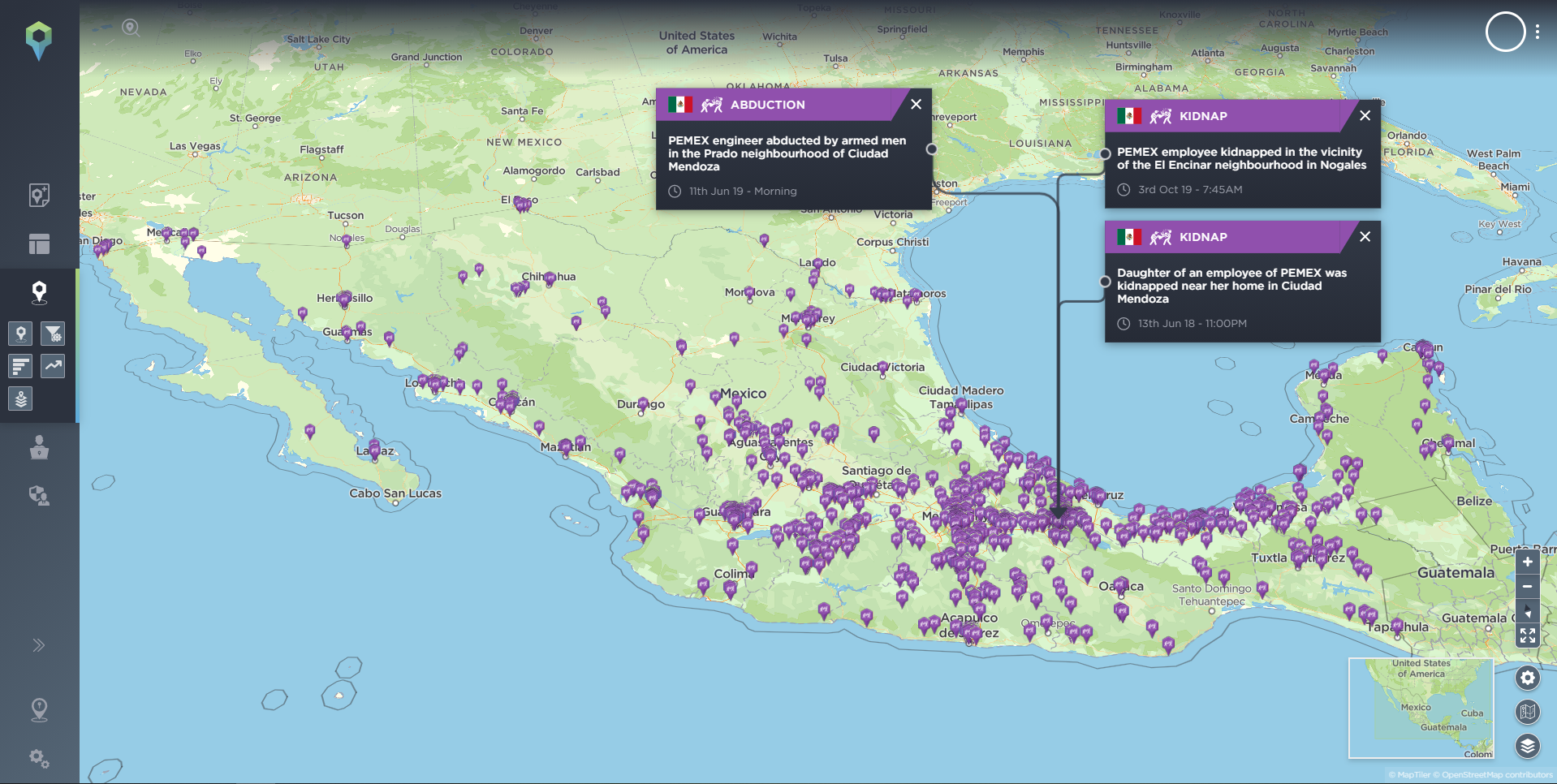Map displaying the number of kidnapping incidents against oil workers in Mexico