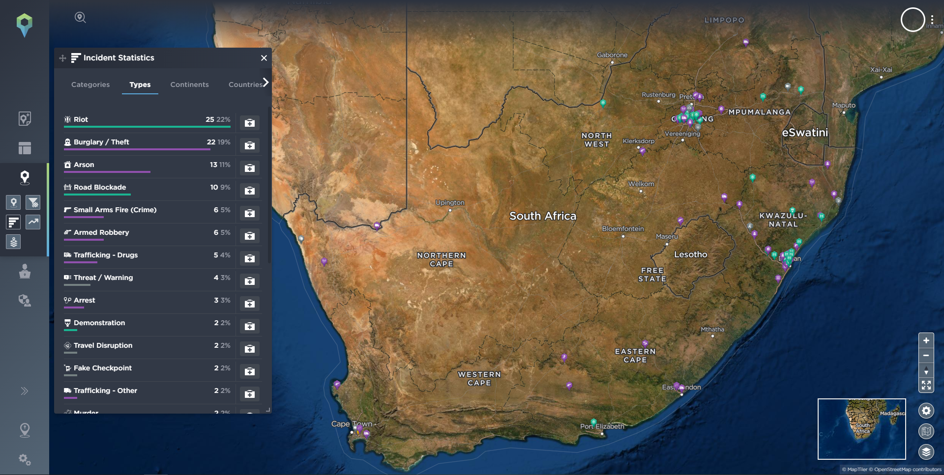 Map highlighting the incidents of unrest and violence in South Africa since Jacob Zuma's arrest. 