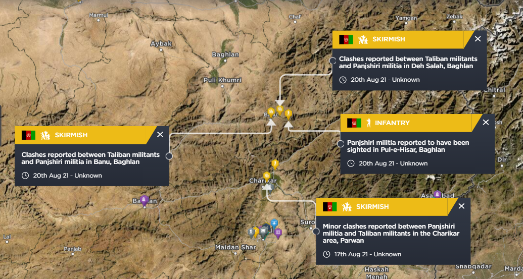 Map highlighting the locations of clashes in Baghlan Province, Afghanistan