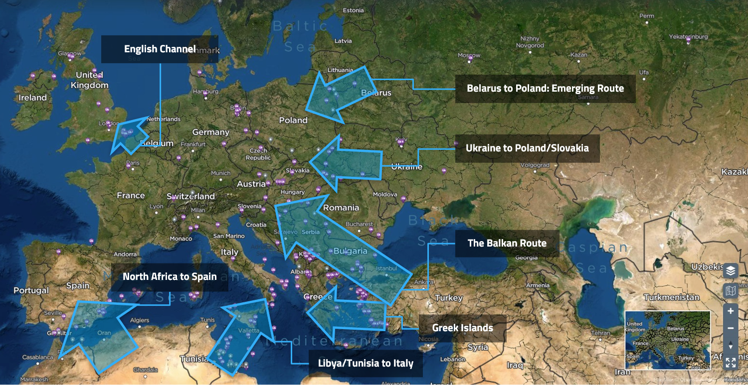 A map highlighting the most common human trafficking routes in Europe.