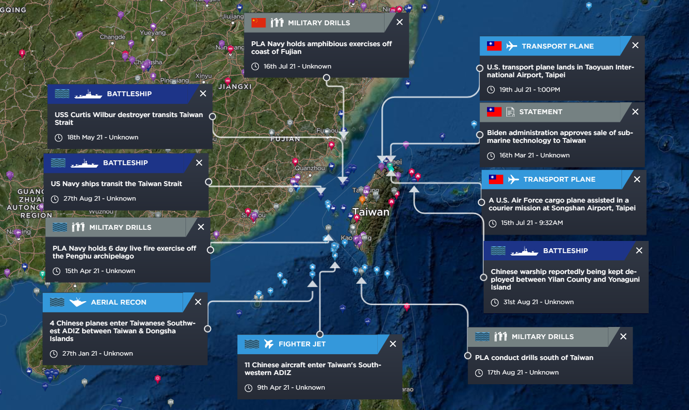 Map highlighting security alerts for the Taiwan Strait 