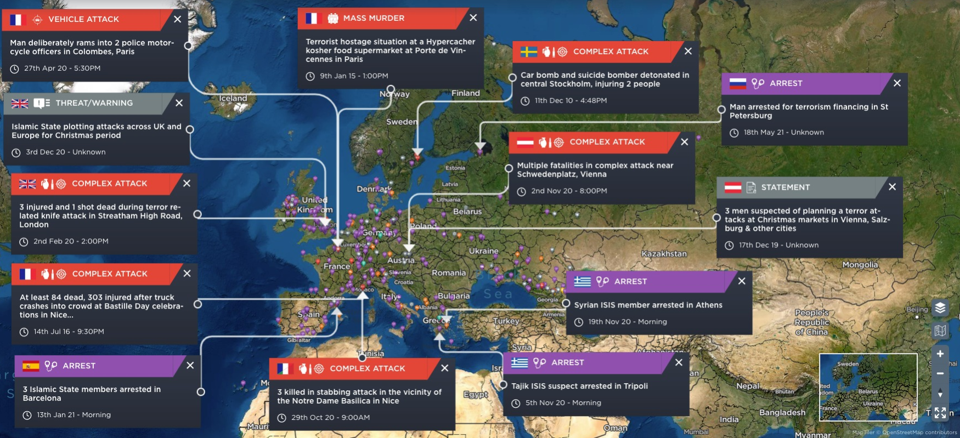 Map highlight significant incidents of Islamic terrorism in Europe