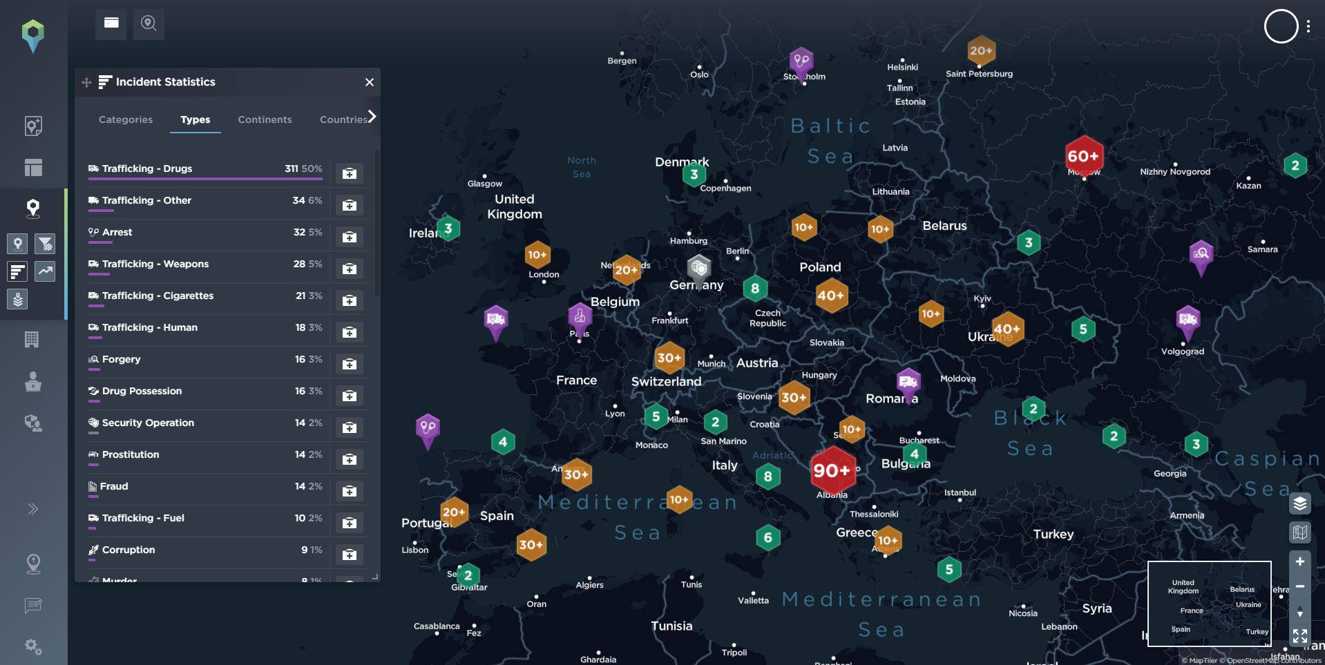 Overview of organised crime related incidents across Europe in 2021