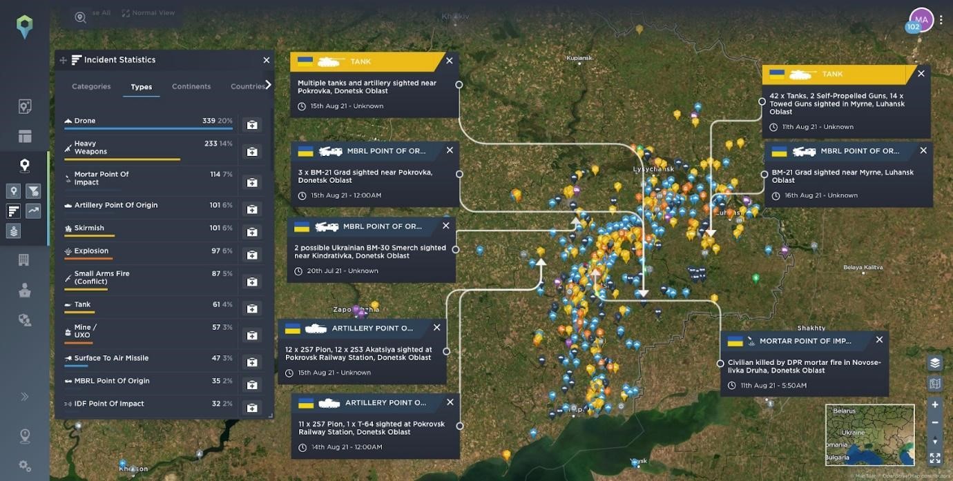 Map highlighting recent conflict reported in Ukraine