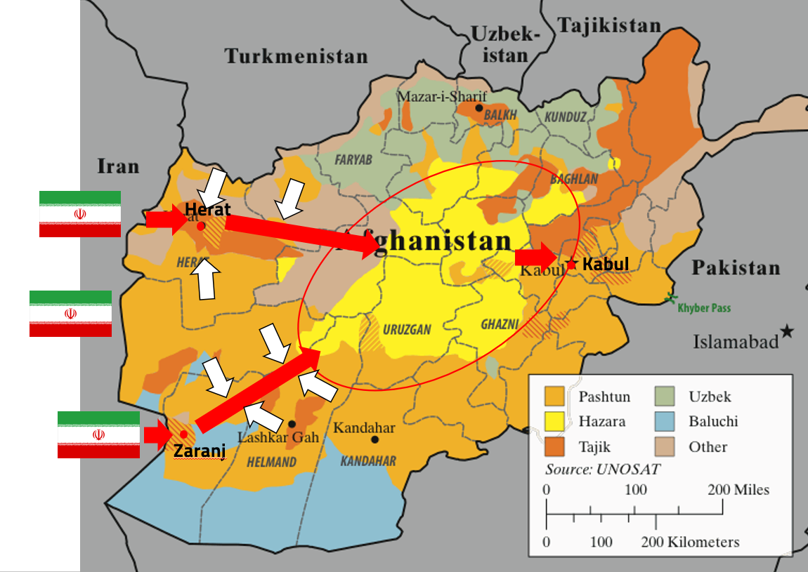 Map showing possible scenario for Iran invasion of Afghanistan
