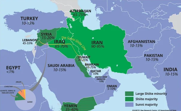 Map showing Shiites as a % of the Muslim population. Source