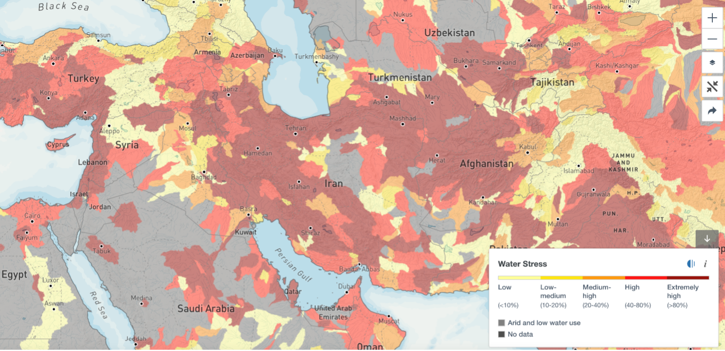 Baseline water stress map of Iran and surrounding countries.