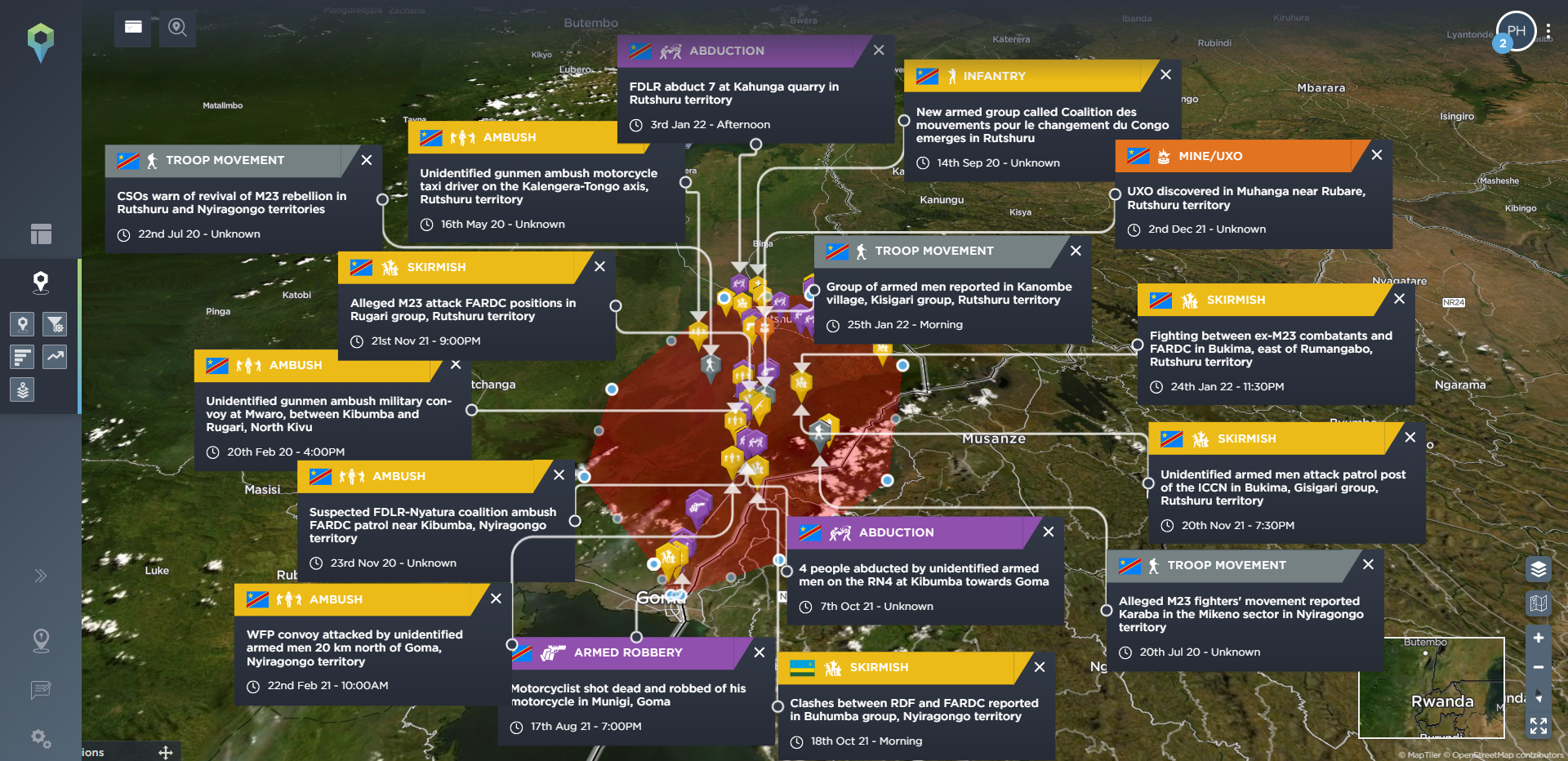 Tracking armed conflict Democratic Republic of Congo route threat assessment using threat intelligence software