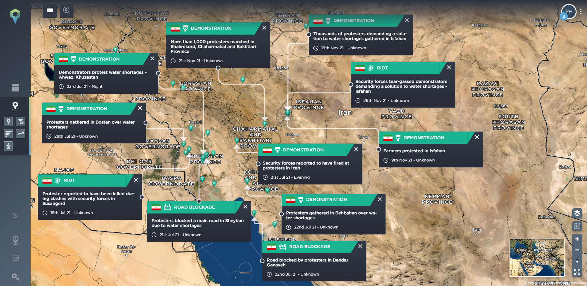 Water shortage protests tracking armed conflict with Iran causes of violence using threat intelligence software