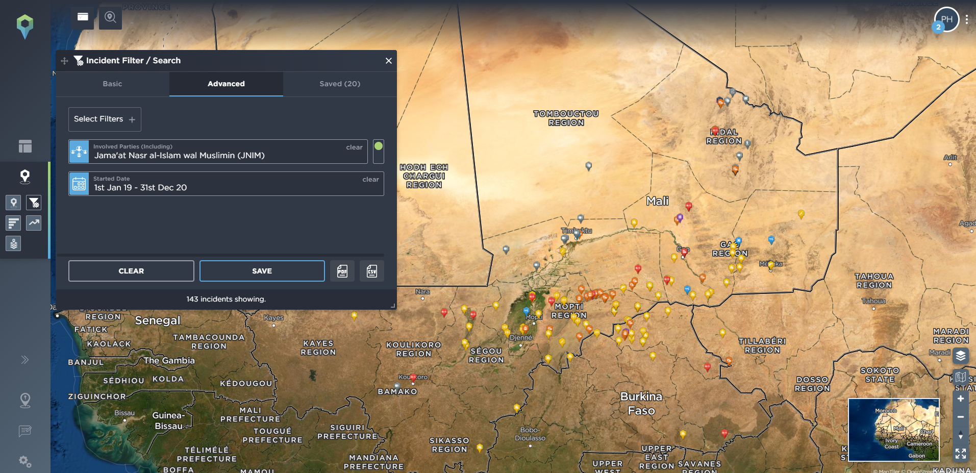 Tracking the spread of armed conflict activity of insurgent jihadist groups using threat intelligence software, involved party JNIM Al-Qaeda Sahel