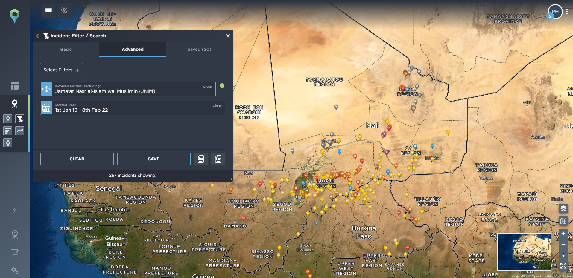 Tracking the spread of armed conflict activity of insurgent jihadist groups using threat intelligence software, involved party JNIM Al-Qaeda Sahel