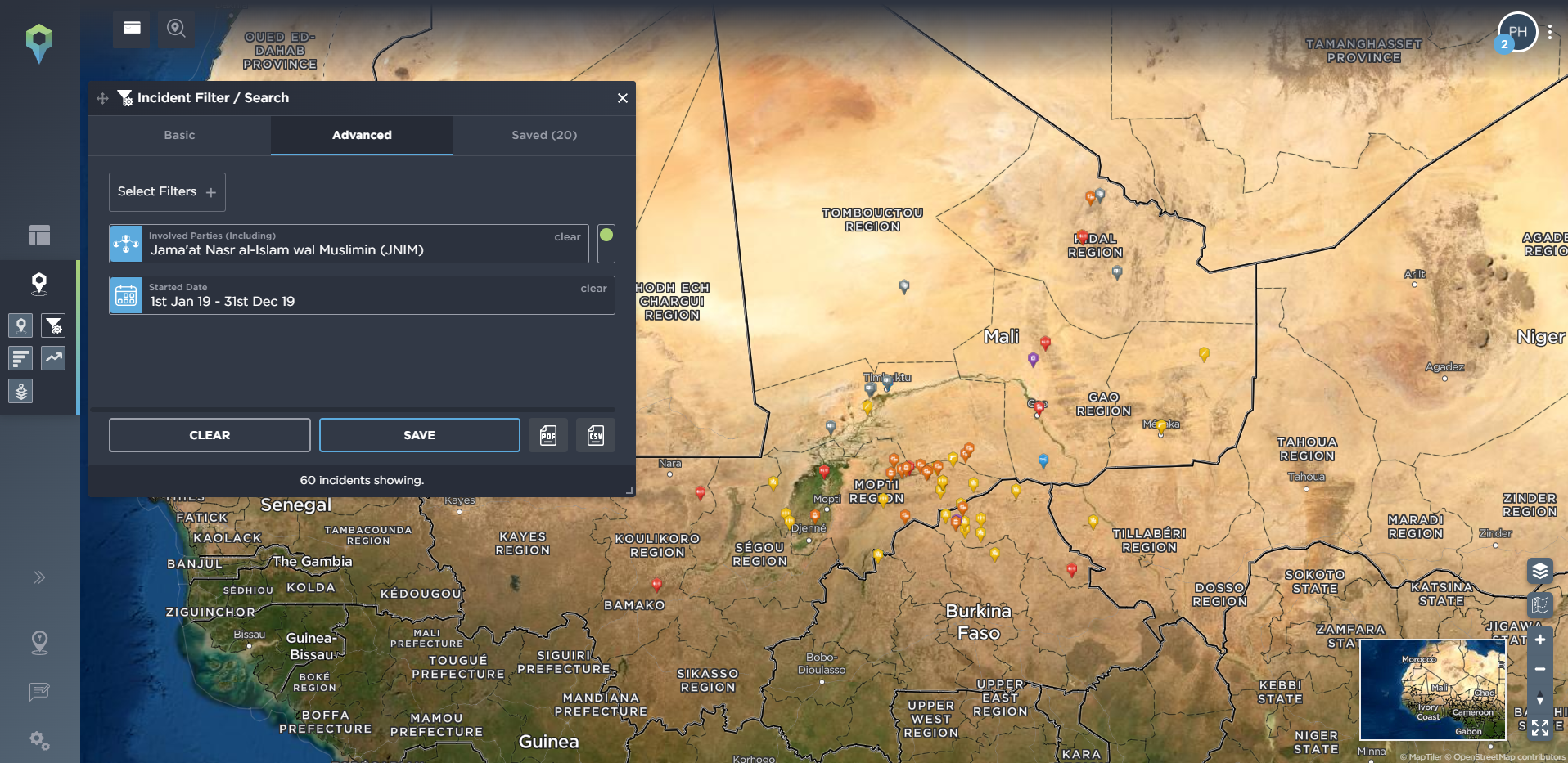 Tracking the spread of armed conflict activity of insurgent jihadist groups using threat intelligence software, involved party JNIM Al-Qaeda Sahel