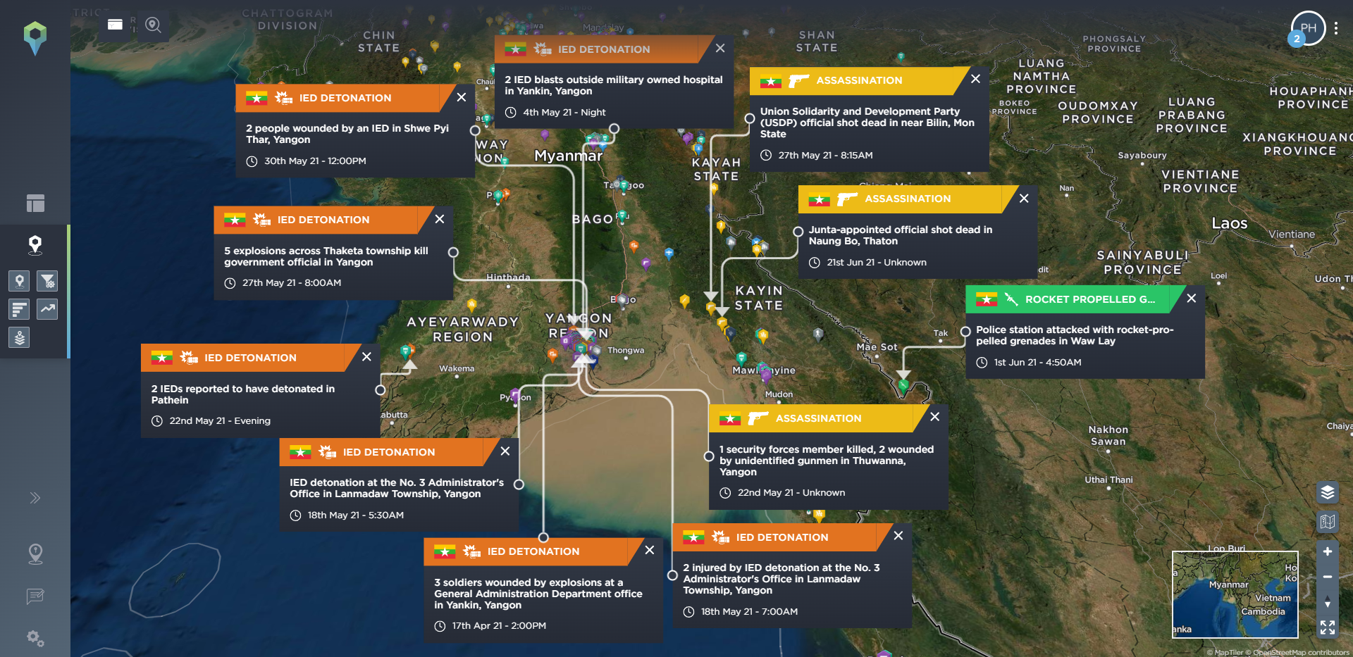 Myanmar coup people's defense forces insurgency resistance movement IEDs assassinations protests tracking conflict using threat intelligence software