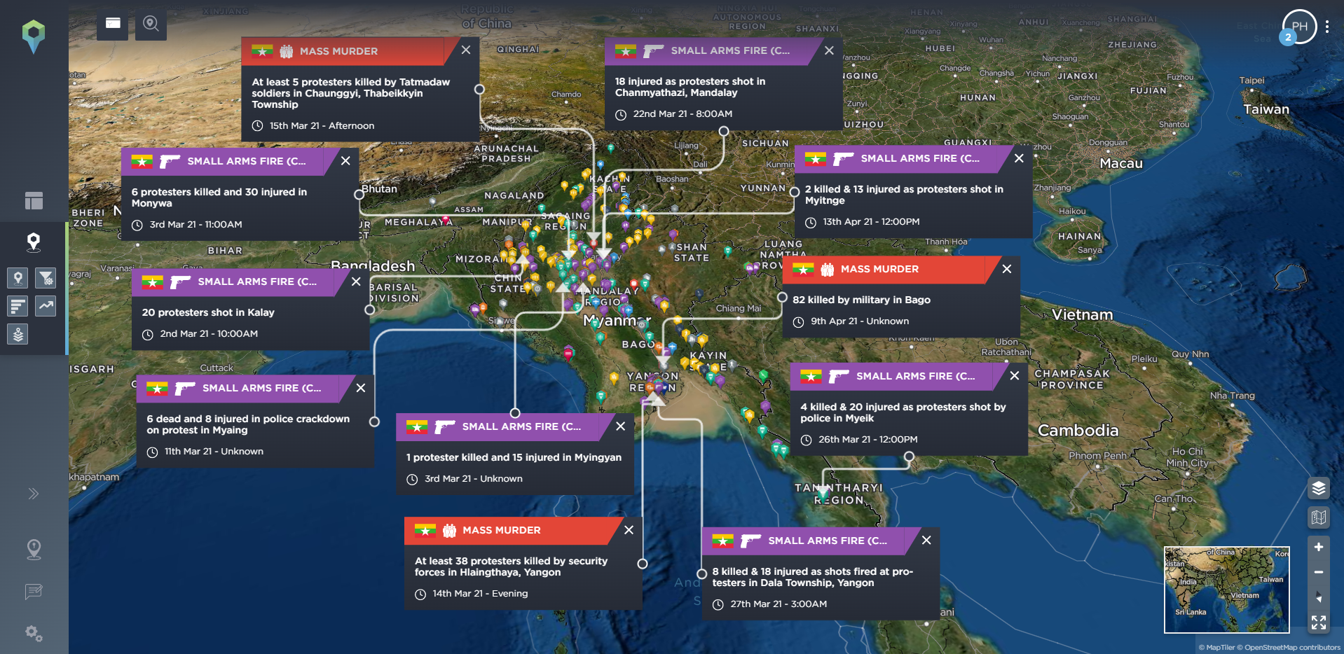 myanmar coup tatmadaw war crimes crackdown civilian deaths mass killings protests tracking conflict using threat intelligence software