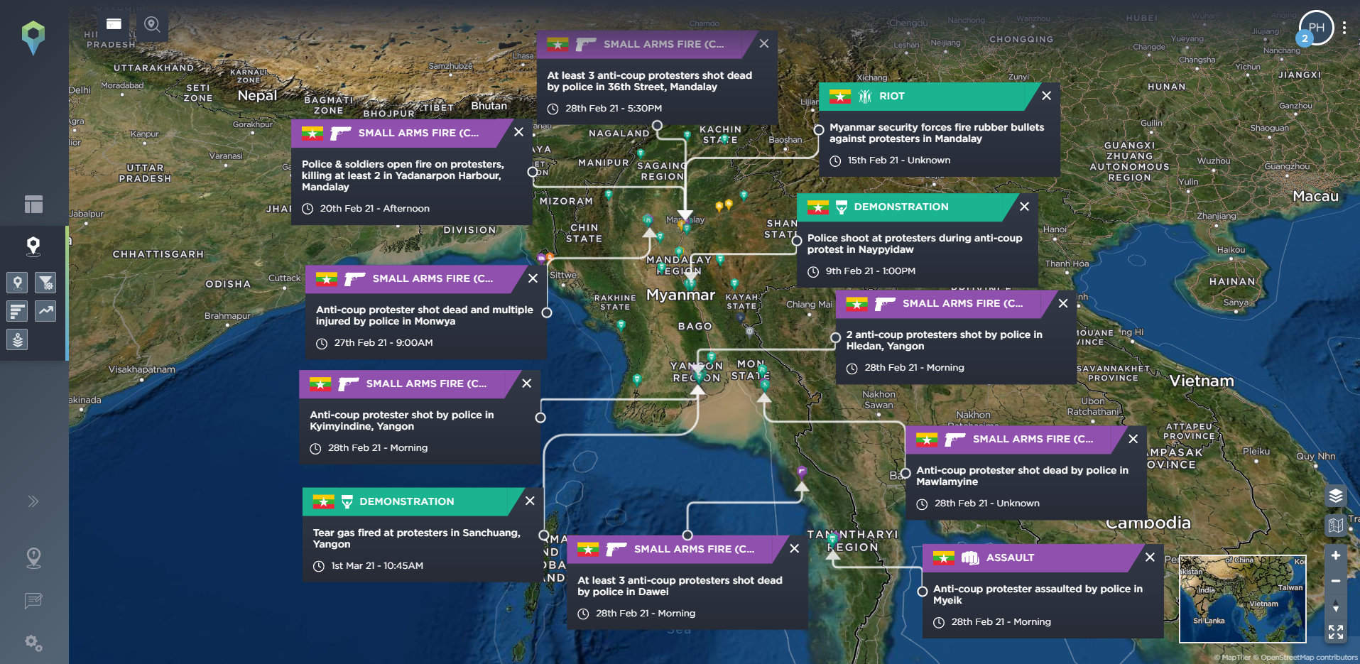 Myanmar coup tatmadaw protests crackdown tracking conflict using threat intelligence software what are the causes of conflict?