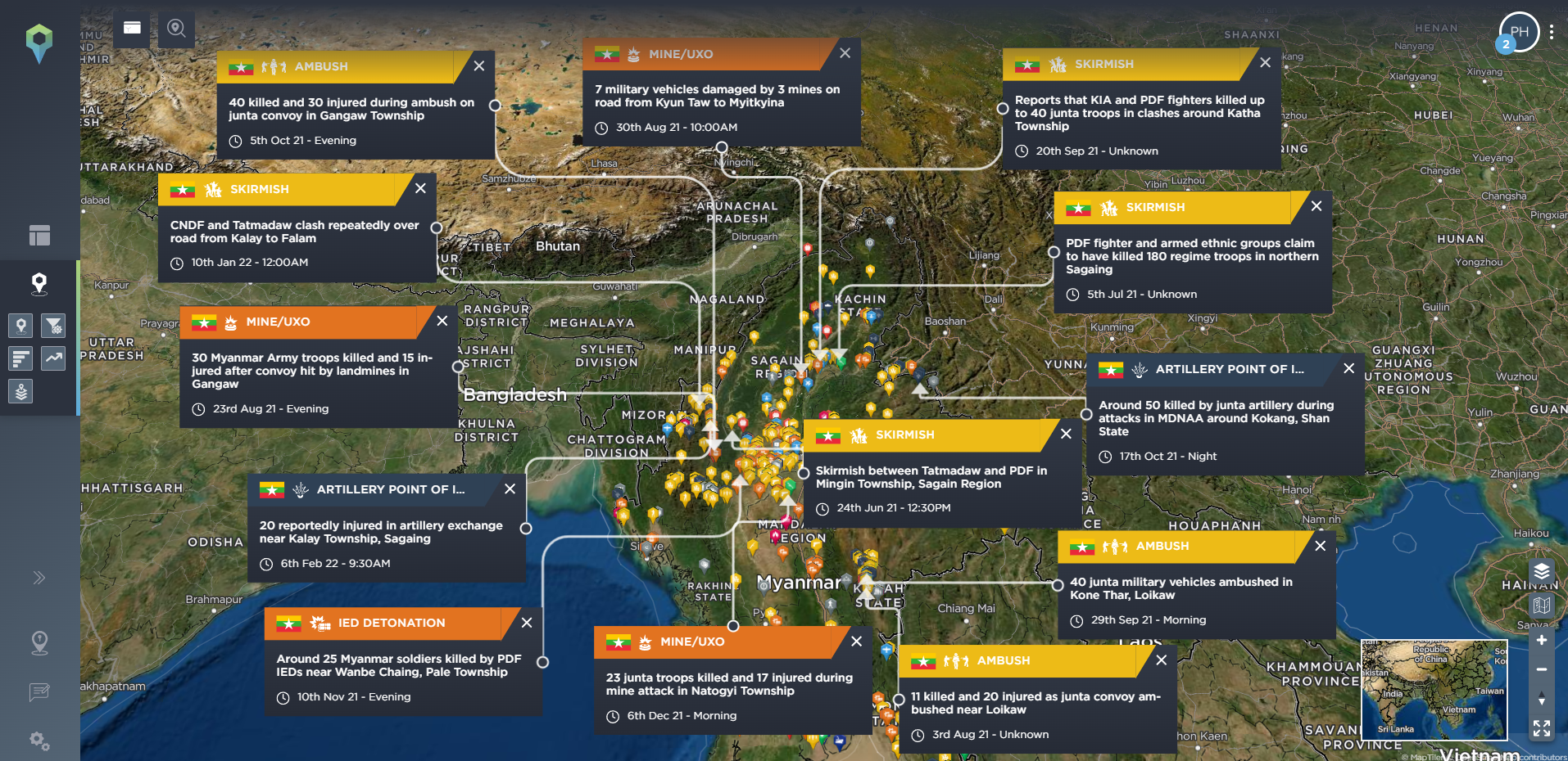 Myanmar coup resistance civil war people's defence forces armed conflict tracking violence using threat intelligence software