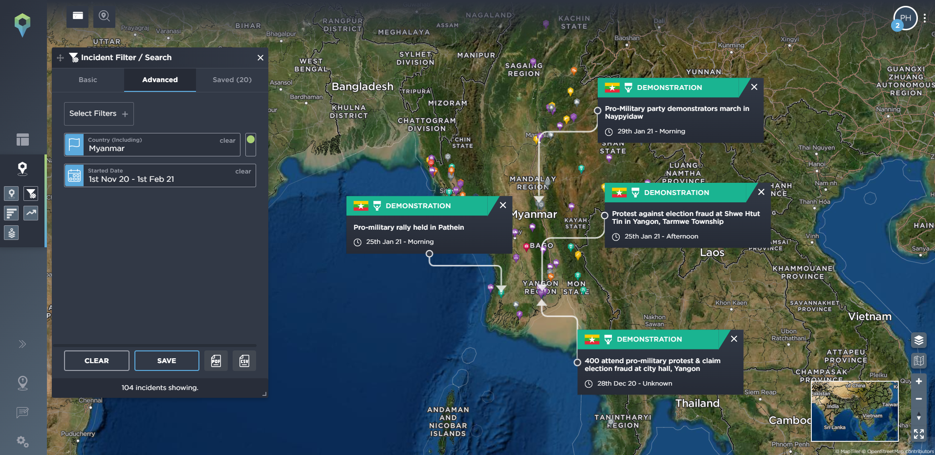 Myanmar coup causes military voter fraud election protests tracking conflict with threat intelligence software