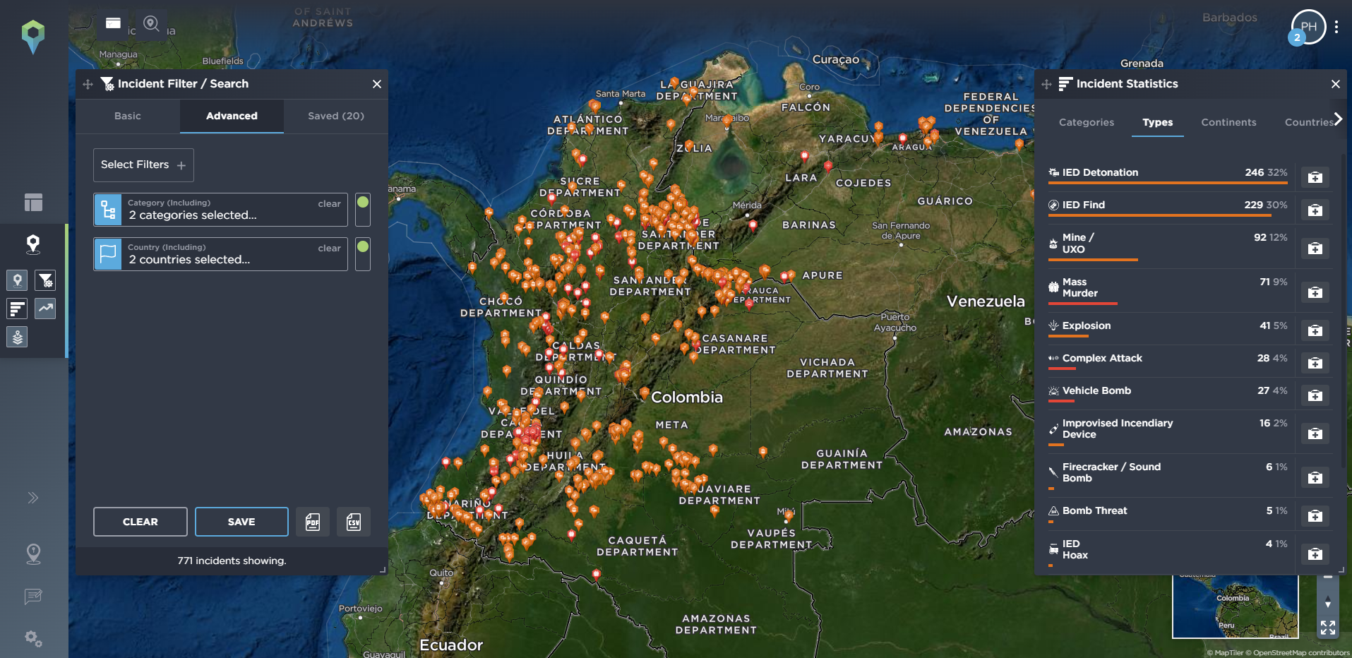 complex attacks, mass murders, bombings insurgency tracking conflict in colombia venezula using threat intelligence software