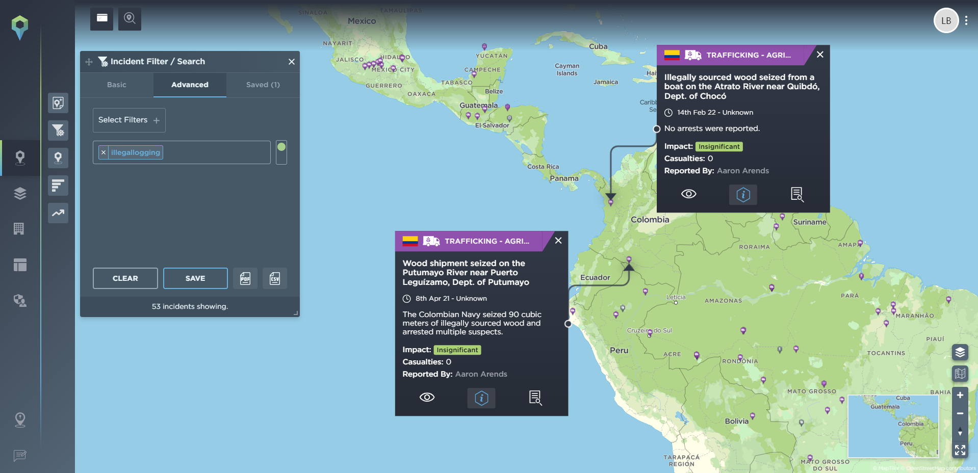 Example incidents of illegal logging in Colombia