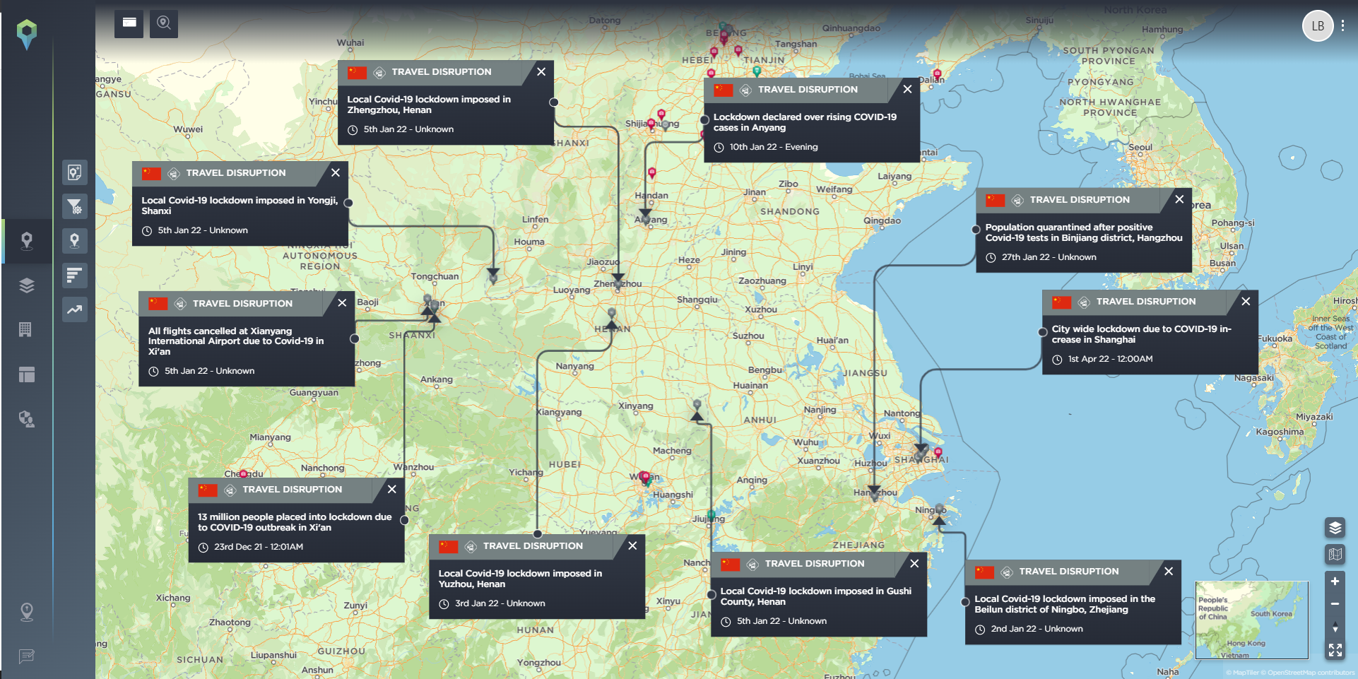 Examples of snap lockdowns across multiple provinces in China in the last six months.