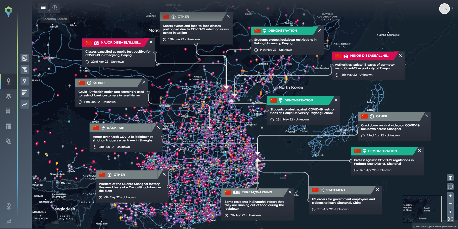 A map highlighting a selection of incidents relating to COVID-19 and China's zero-tolerance policy on cases. Incidents include sporting events banned, schools closing, demonstrators protesting the restrictions