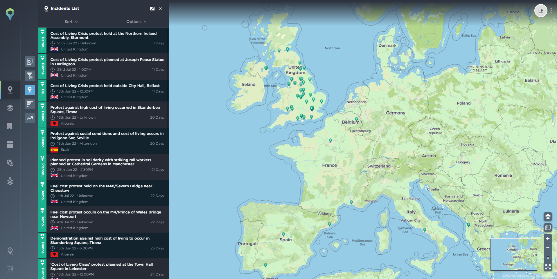 Map highlighting the locations of protests across Europe in response to the rising cost of living