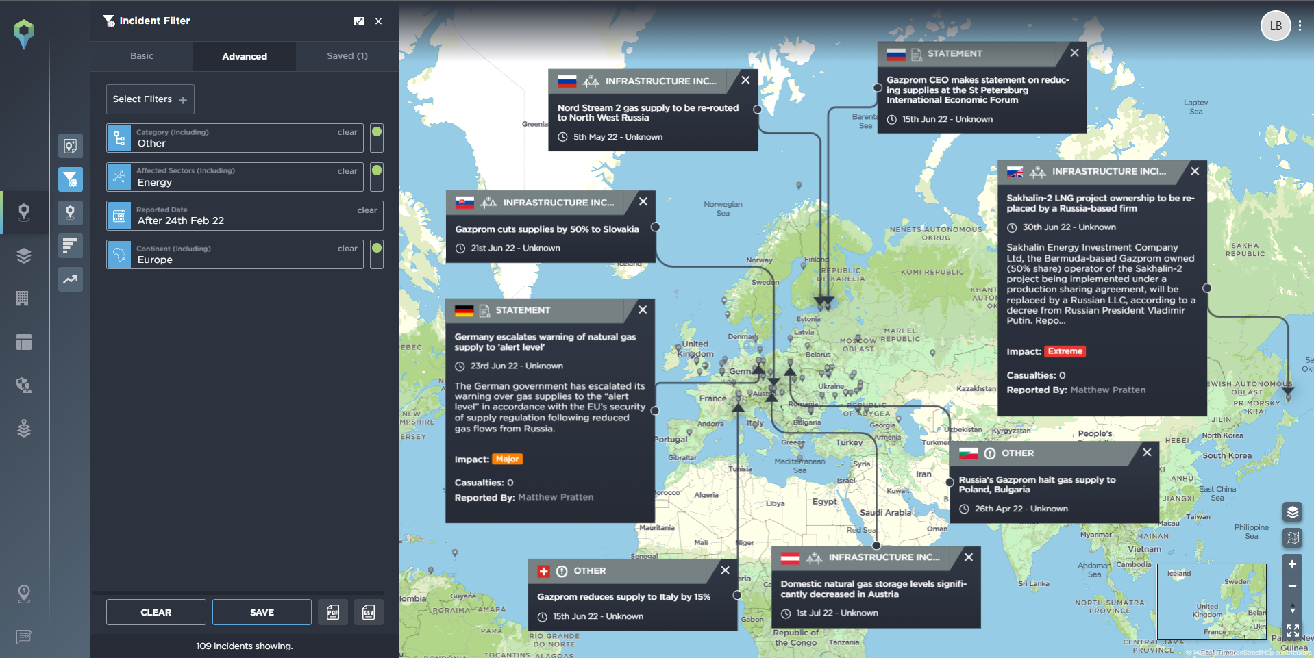 A map of incidents relating to energy and Russian activity during the Ukraine war