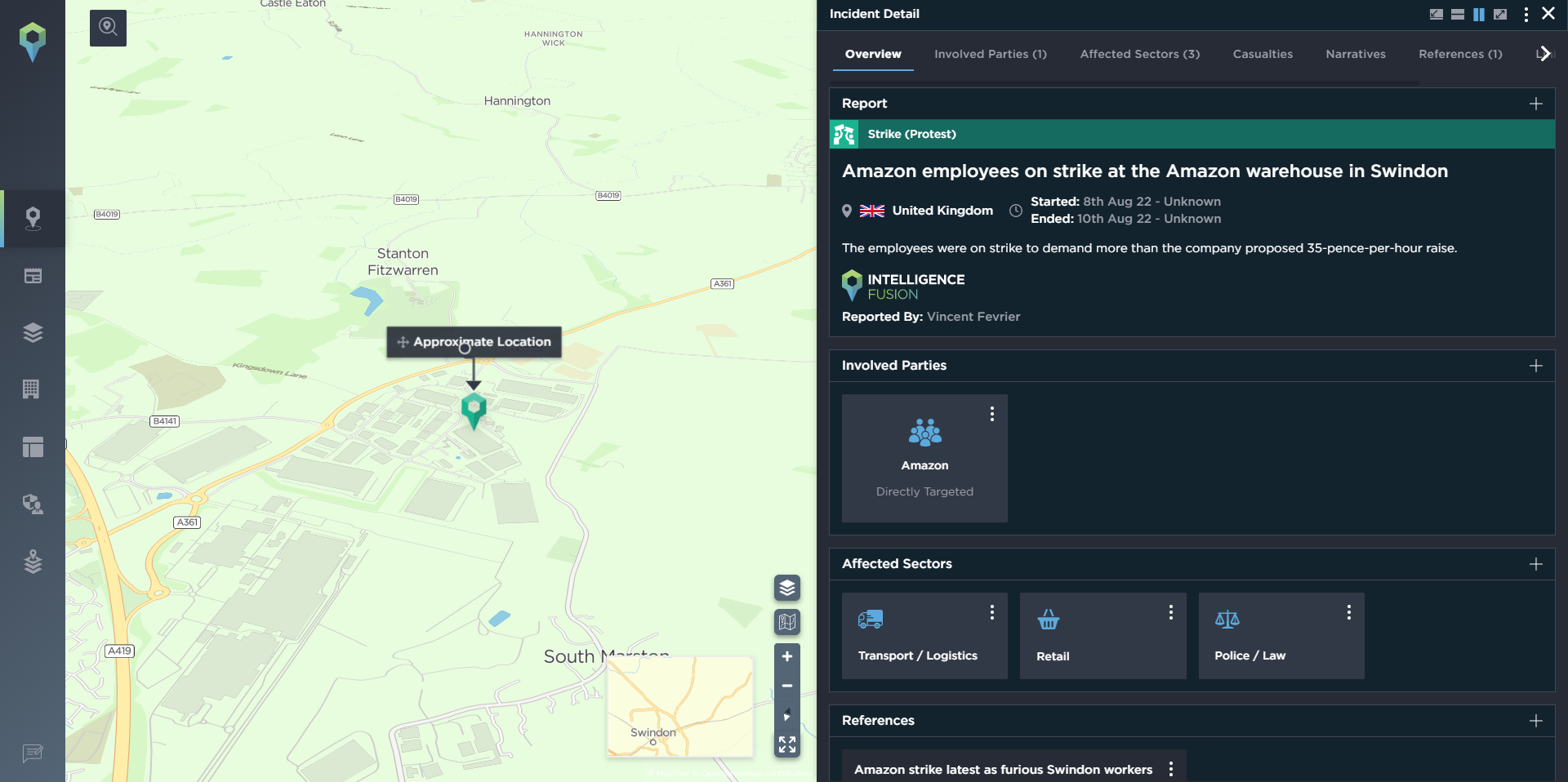 An employee strike at an Amazon facility in the UK reported on the Intelligence Fusion platform