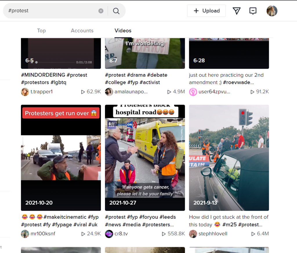 The results of searching for the protest hashtag on TikTok