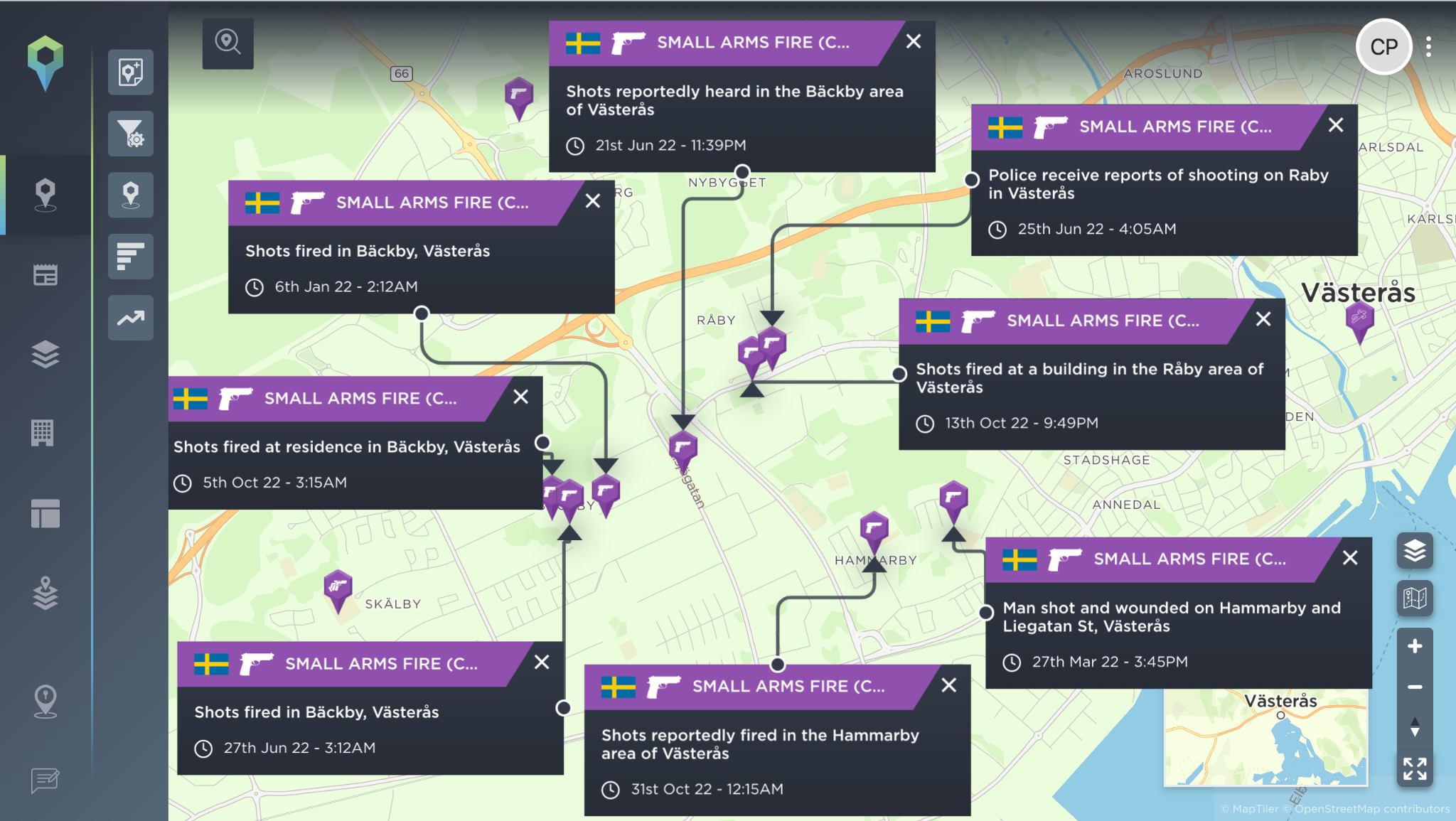 A map showing clusters of shootings in small suburban areas of Vasteras, Sweden