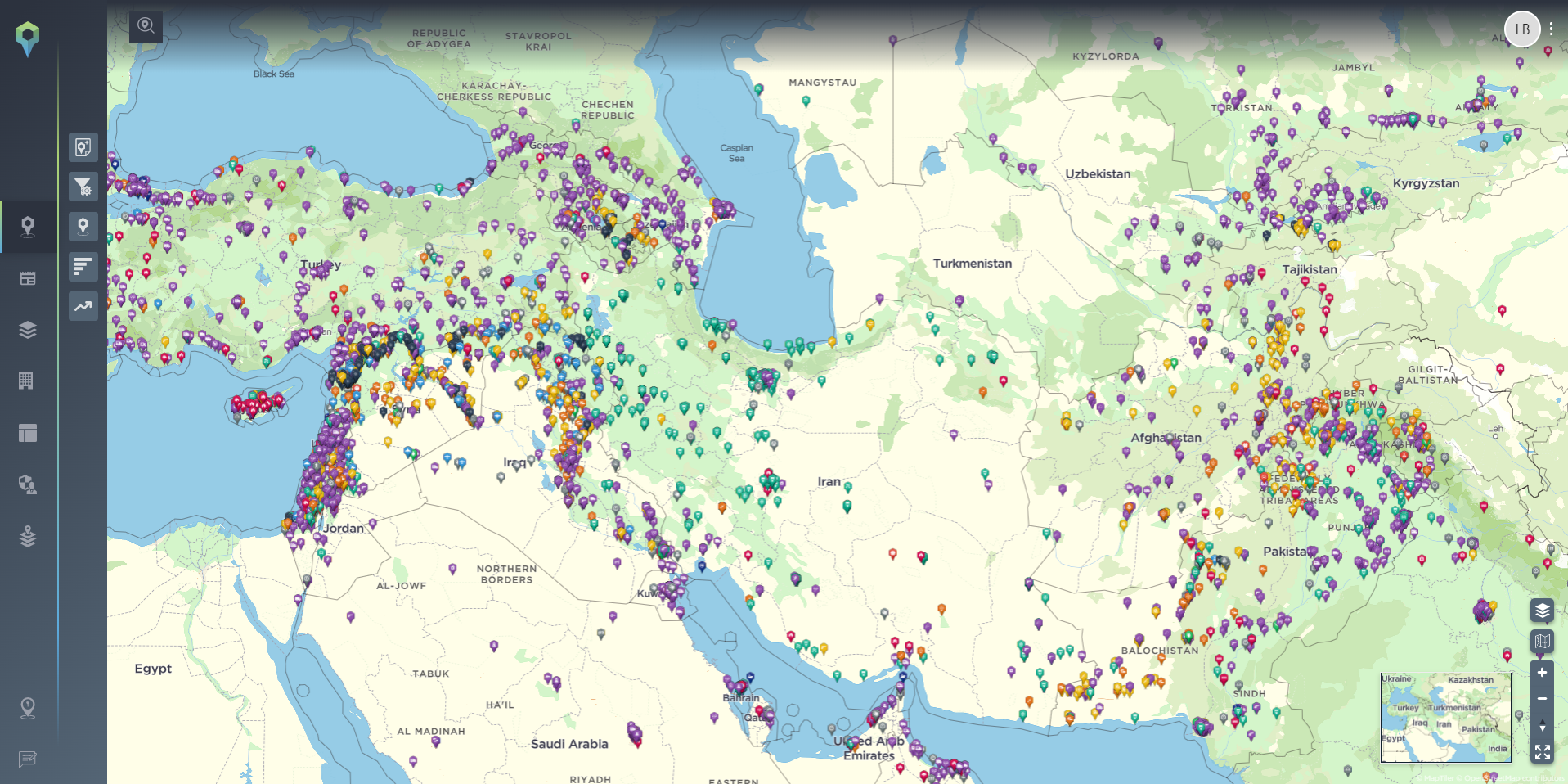 Map of security incidents across Iran and the wider Middle East