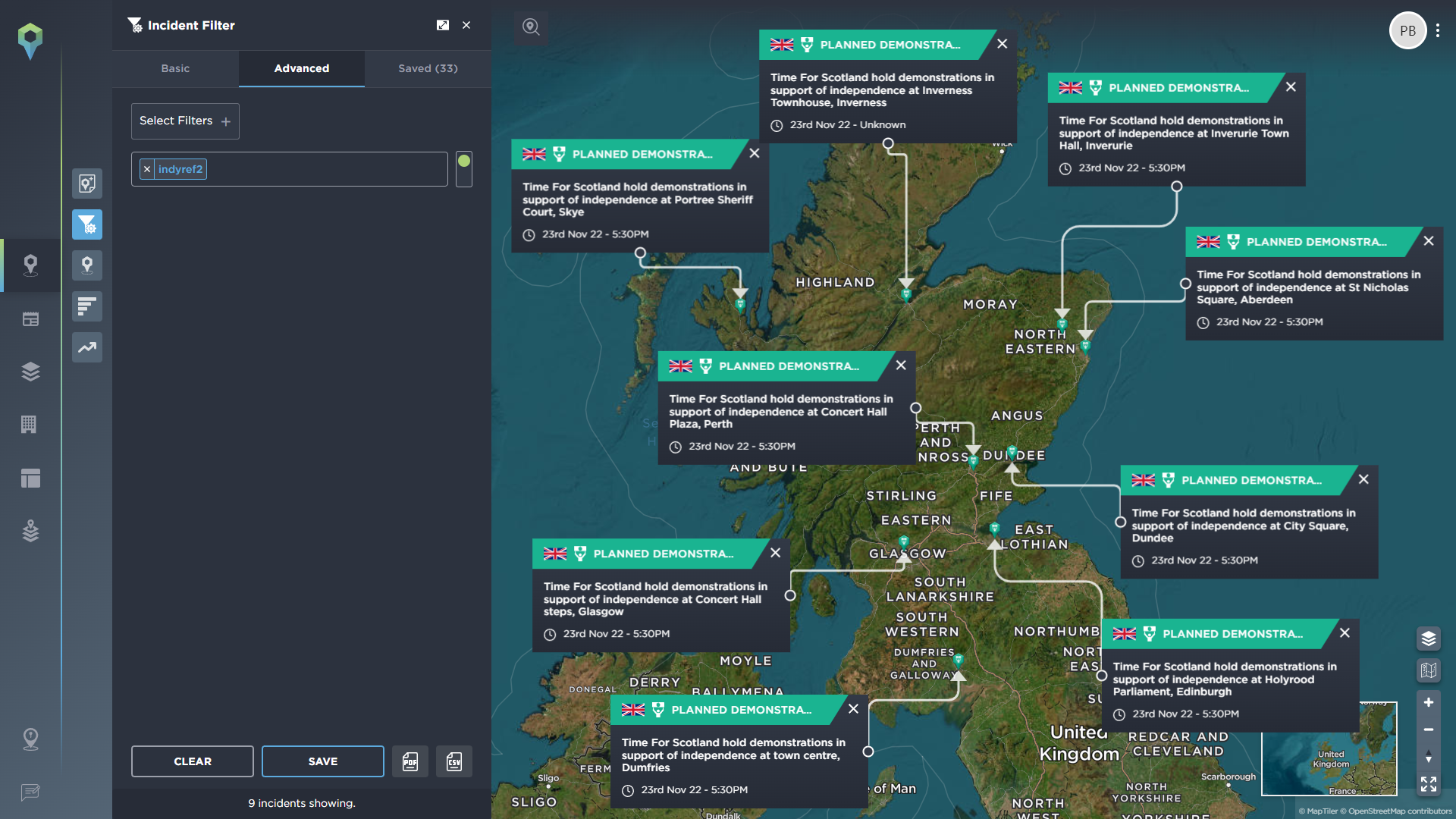 A map highlighting the locations of IndyRef2 protests across Scotland.