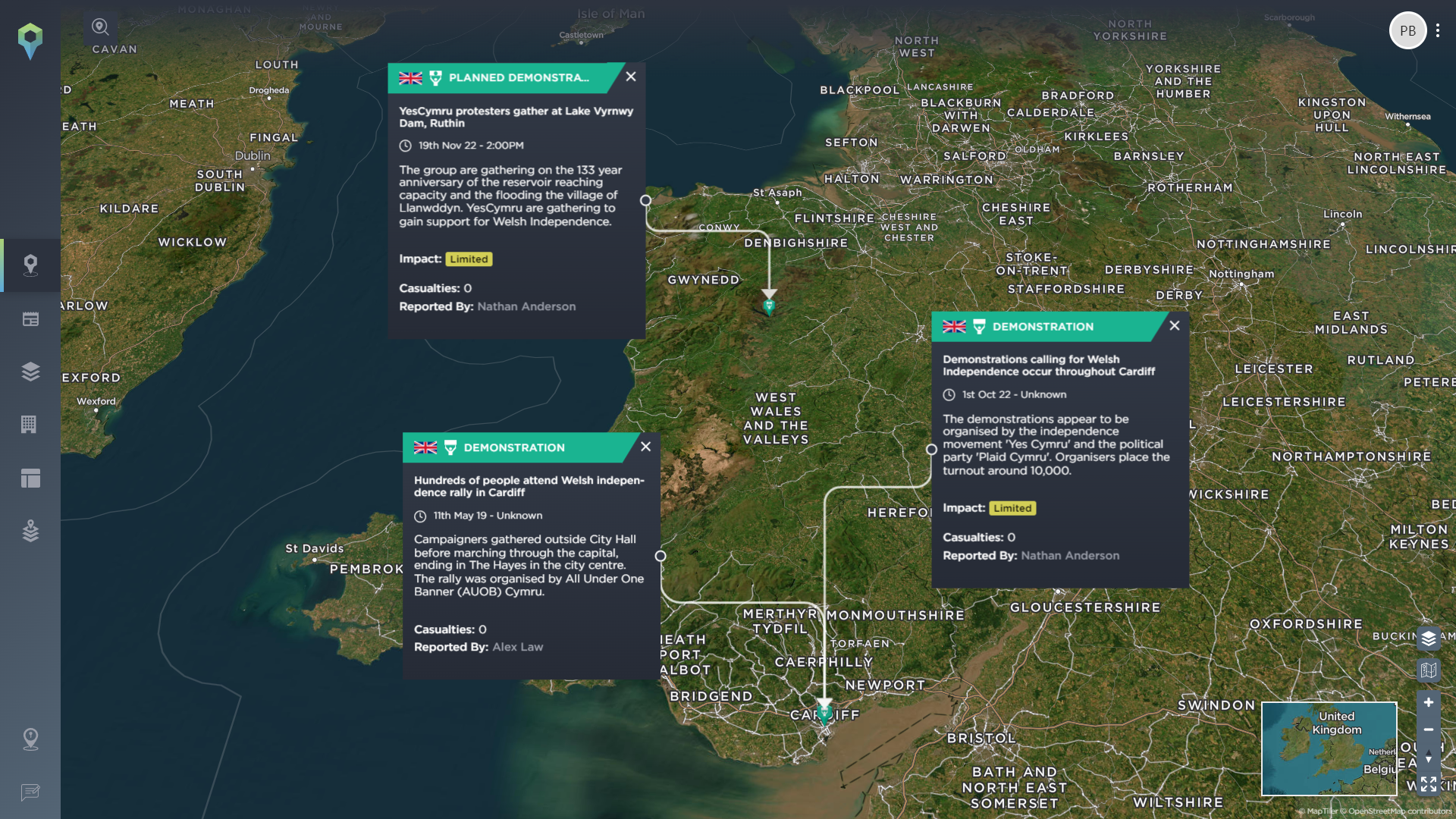 The locations of Welsh Independence protests in 2022 plotted on a map.