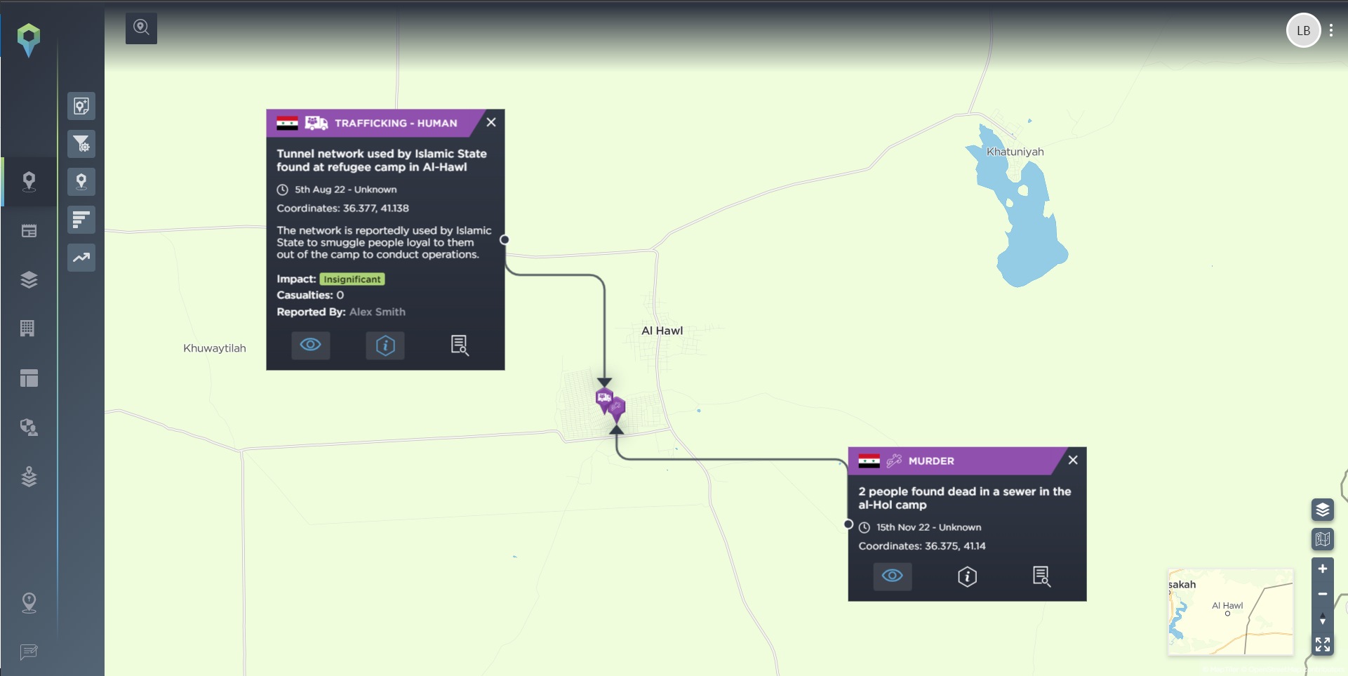 Incidents at the Al-Hol refugee camp relating to tunnel networks and young female deaths.