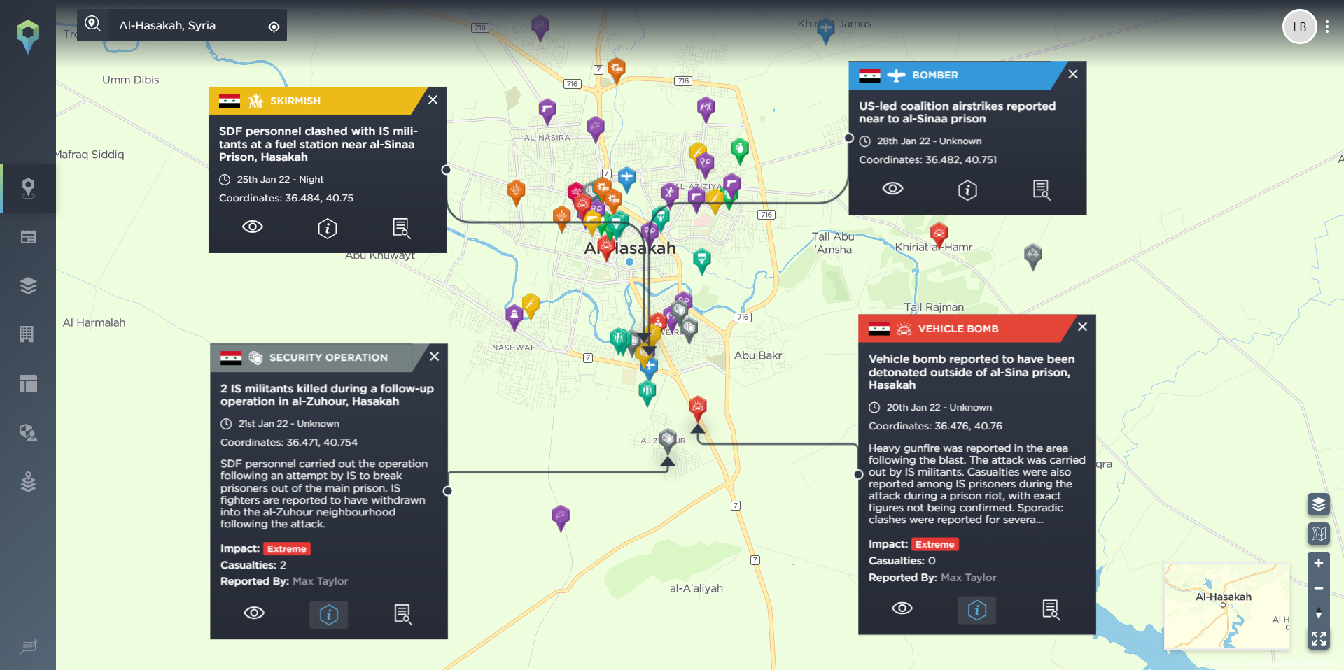 Incidents relating to the riots at Al-Sina prison in January 2022 plotted on a map
