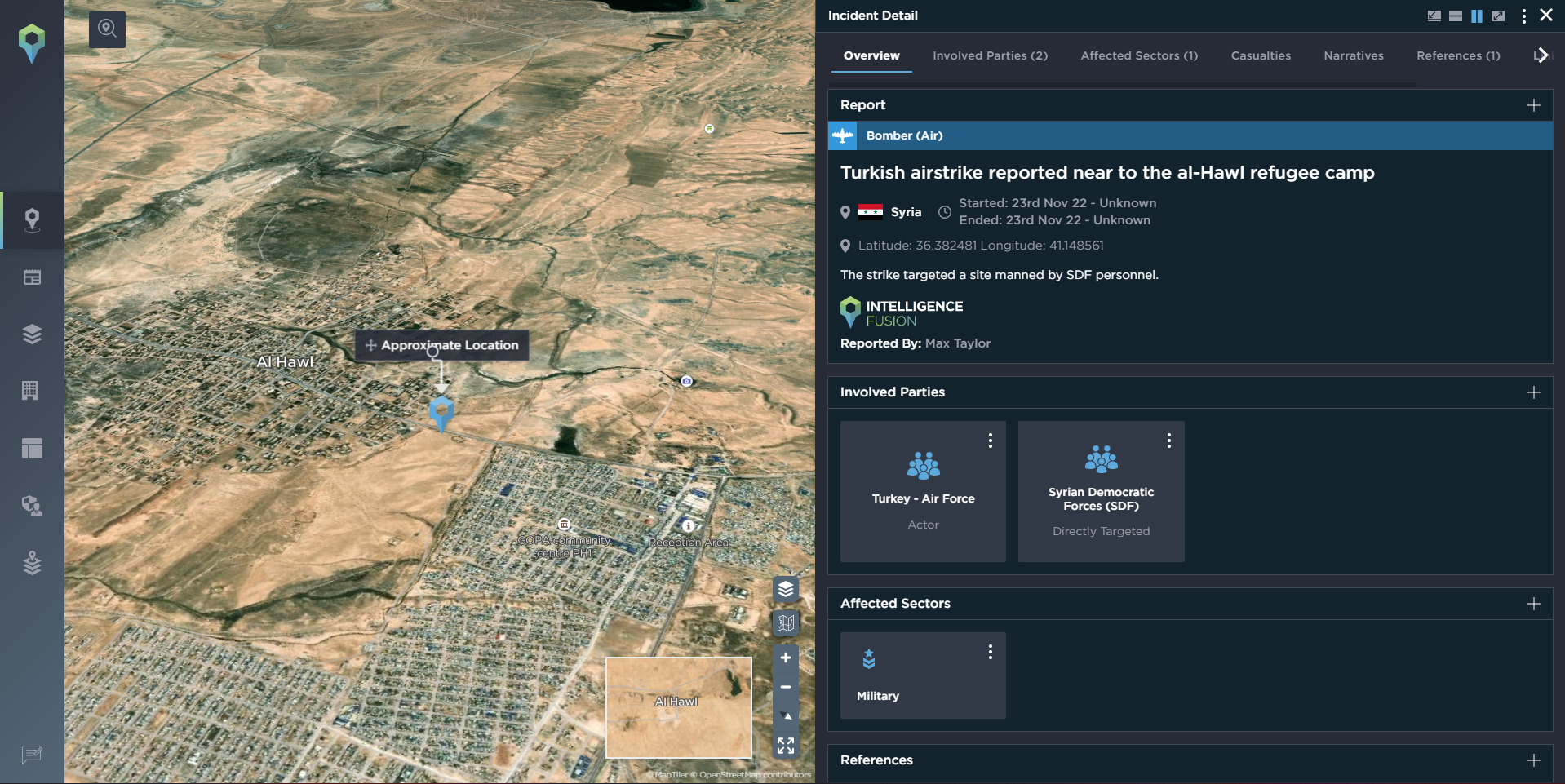 A map showing the location of a Turkish airstrike targeting an SDF site near al-Hold refugee camp in Syria.