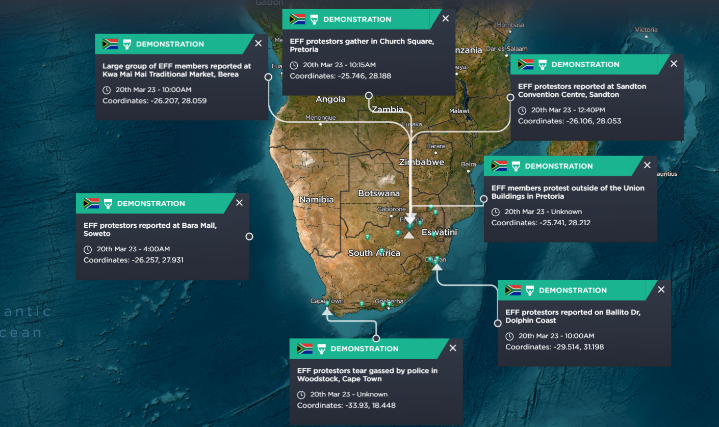 The image shows demonstrations that may impact businesses, assets and people [image source: Intelligence Fusion].