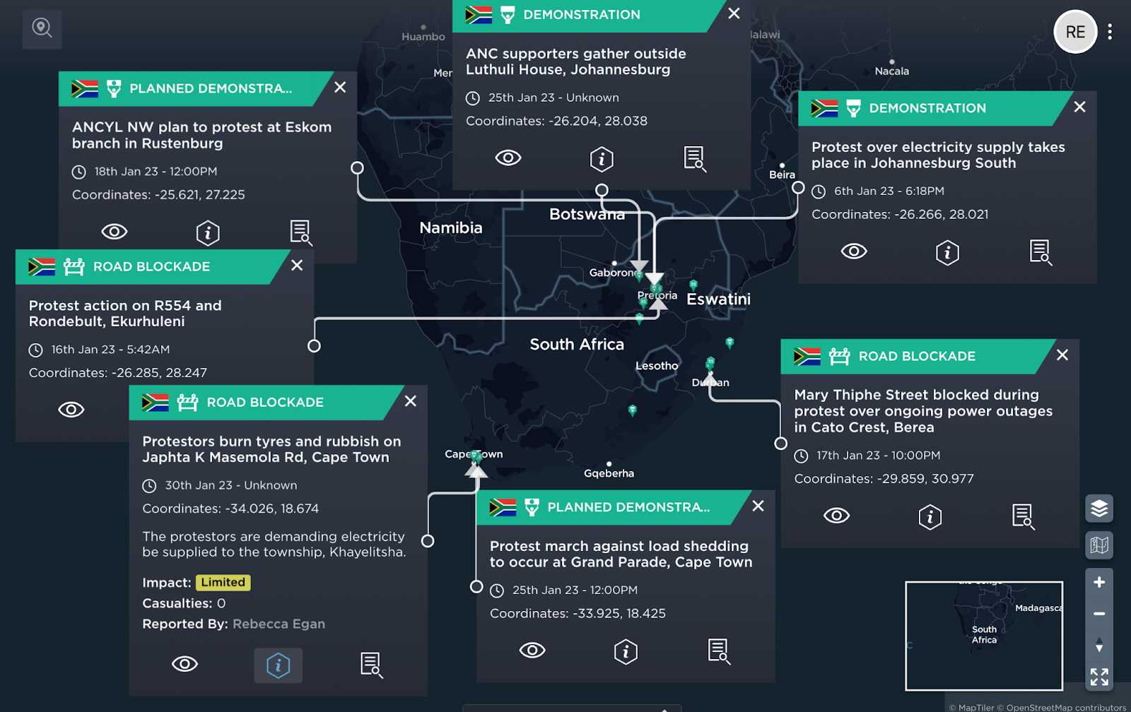 The image shows some of the disruptions that have occurred due to the planned blackouts [image source: Intelligence Fusion].