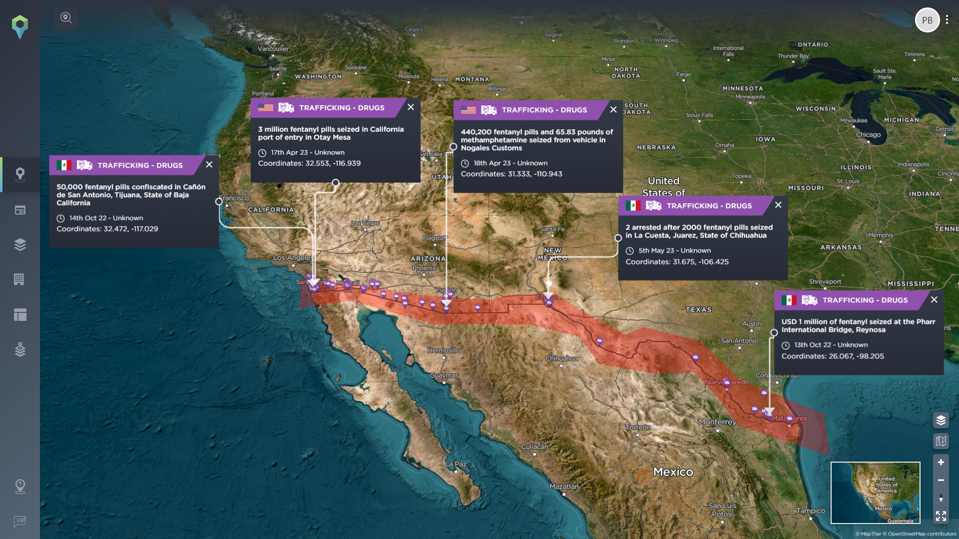 Trafficking of fentanyl and arrests in US-Mexico border