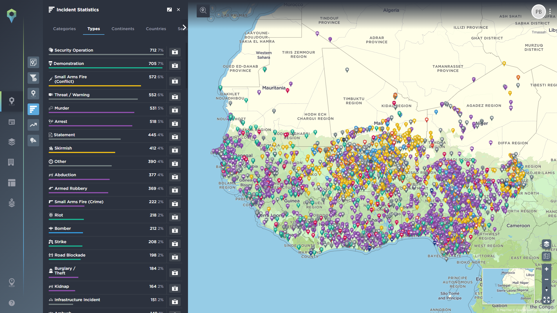 the 10,000 most recent threat intelligence incidents mapped in west africa on intelligence fusion platform